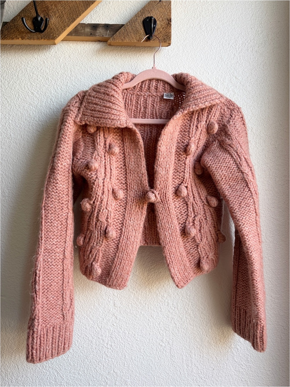 Dusty Pink Cable Knit Chunky Bobble Cardigan Medium